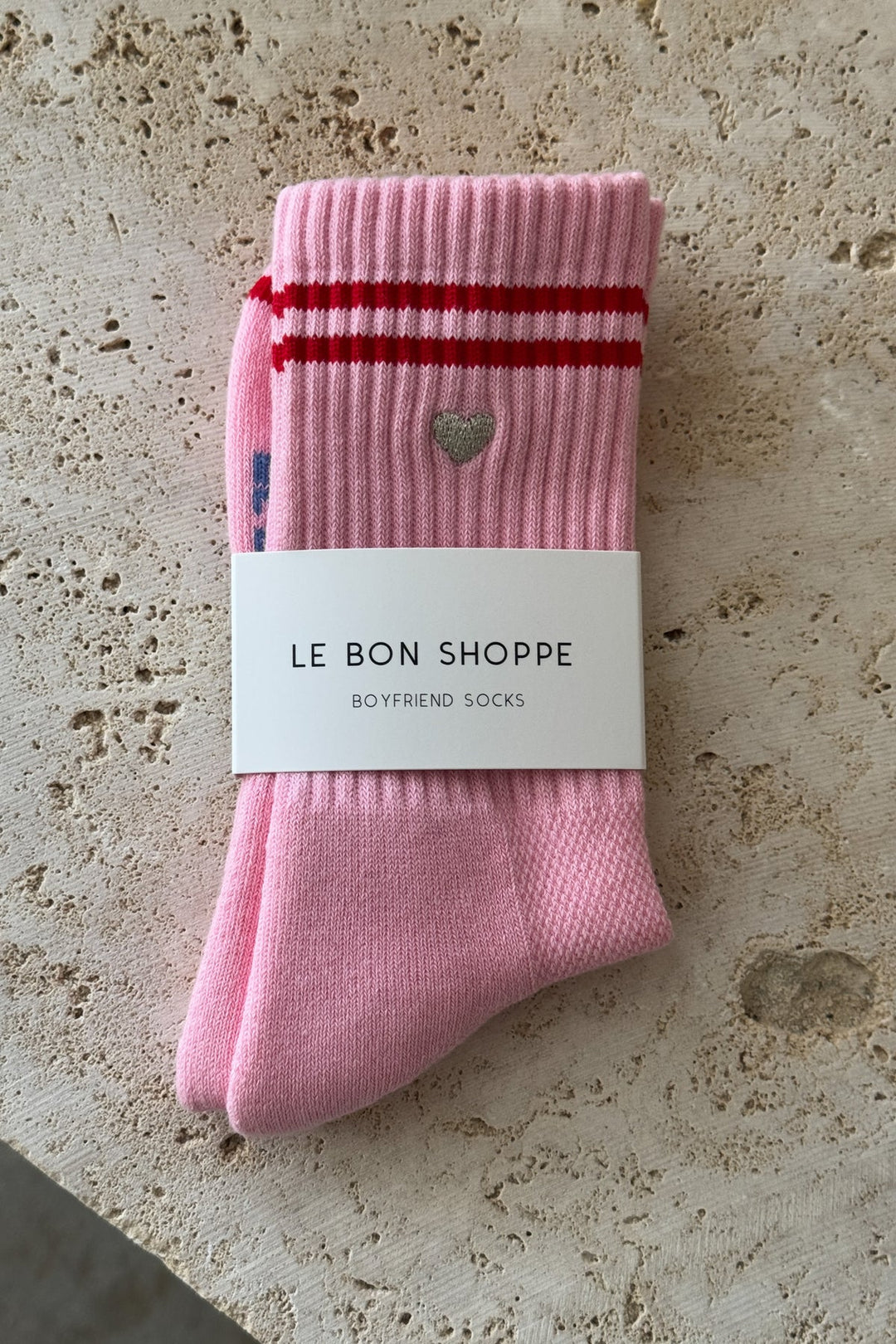 Embroidered Boyfriend Socks - Amour Pink + Heart