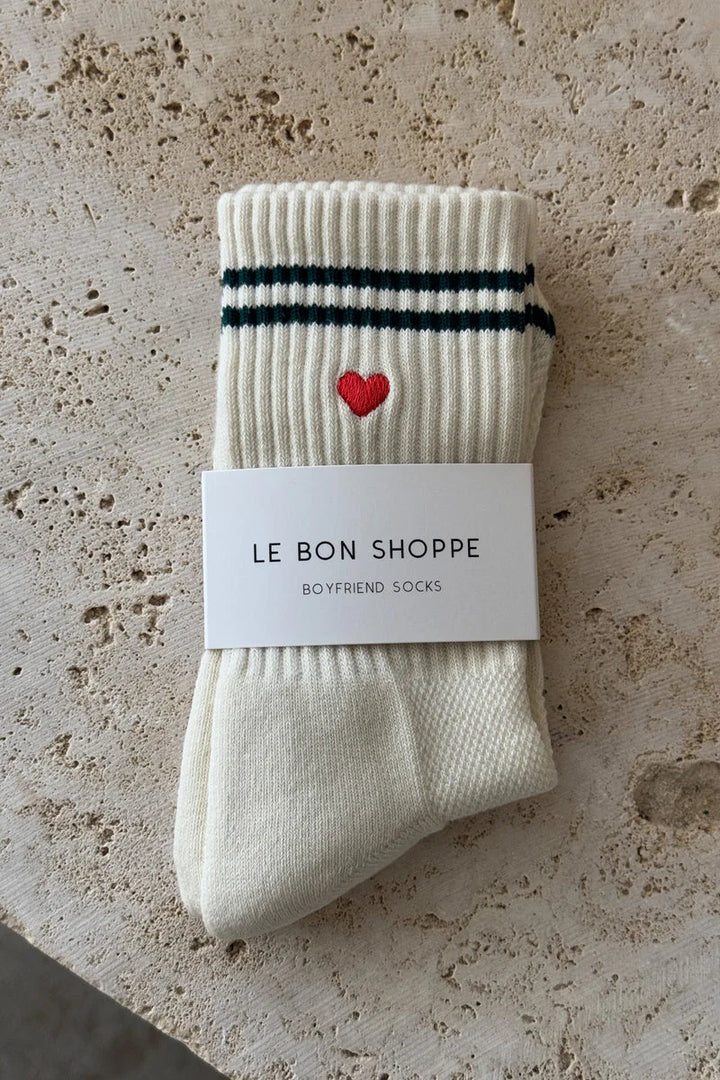 Embroidered Boyfriend Socks - Parchment + Heart