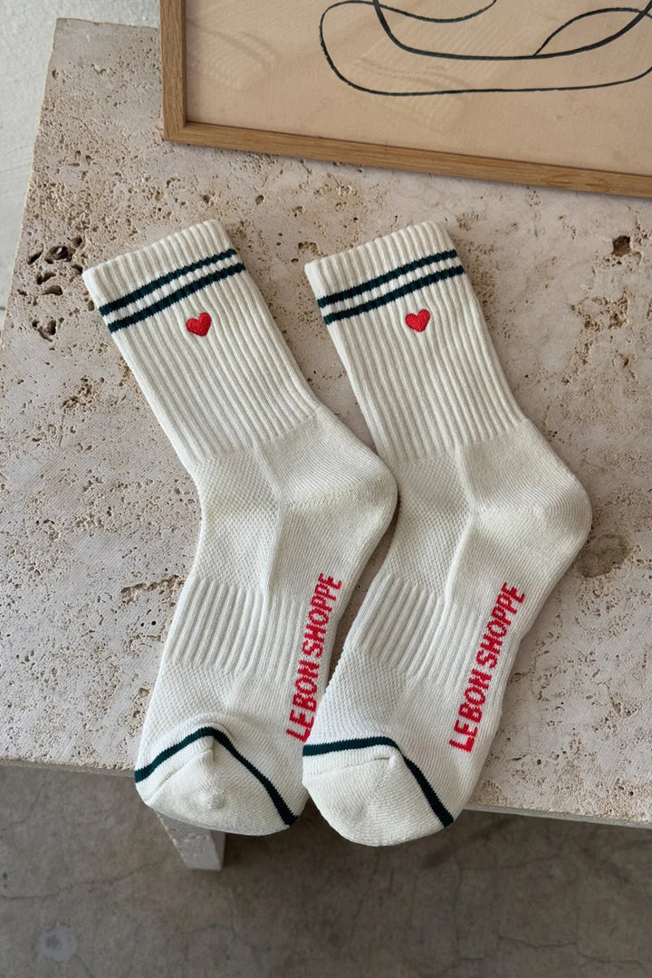 Embroidered Boyfriend Socks - Parchment + Heart