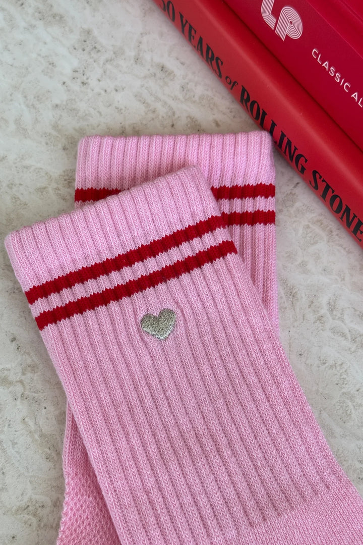 Embroidered Boyfriend Socks - Amour Pink + Heart