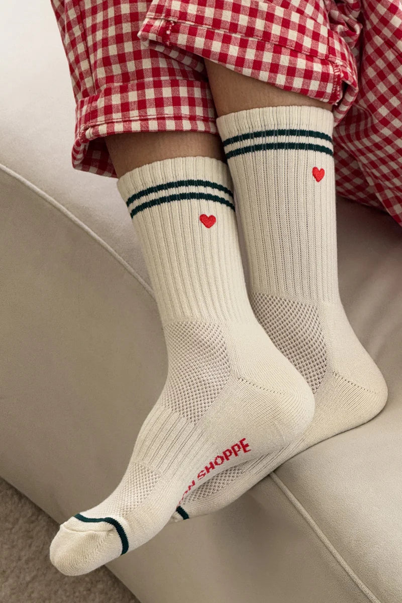 Embroidered Boyfriend Socks - Parchment + Heart