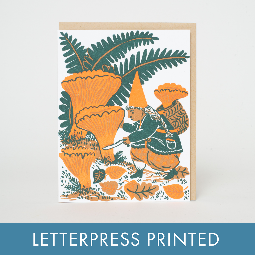 Mushroom Picking Gnome Greeting Card