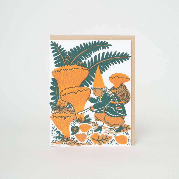 Mushroom Picking Gnome Greeting Card